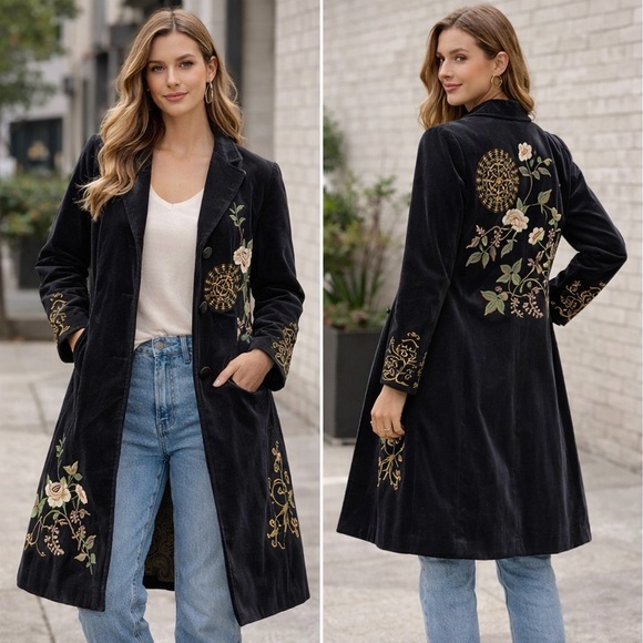 CAbi Jackets & Blazers - CAbi Black Velvet Embroidered Floral Coat Boho Statement Jacket Size 2